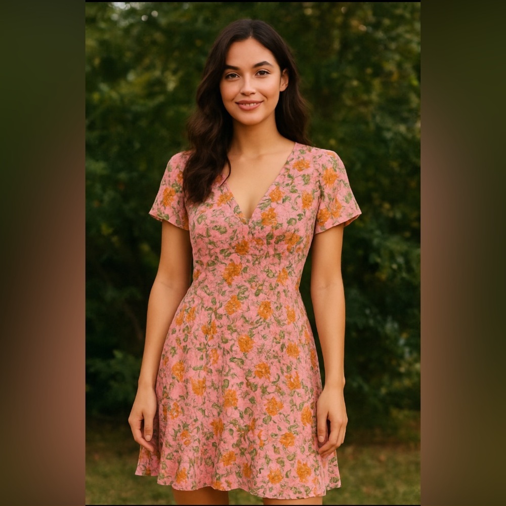 Cynthia Rowley Linen + Rayon Pink & Orange Floral Fit &‎ Flare Mini Dress